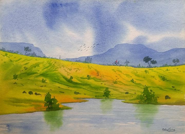 Landscape watercolor painting titled 'Amenity ', 15x11 inches, by artist Rahul Salve on Paper