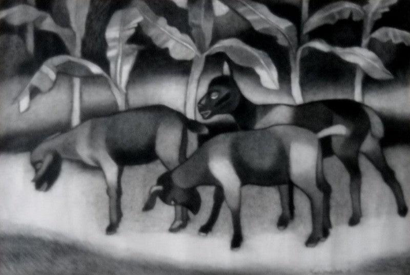 Animals mixed media painting titled 'Animals', 26x33 inches, by artist Kalipada Purkait on Paper