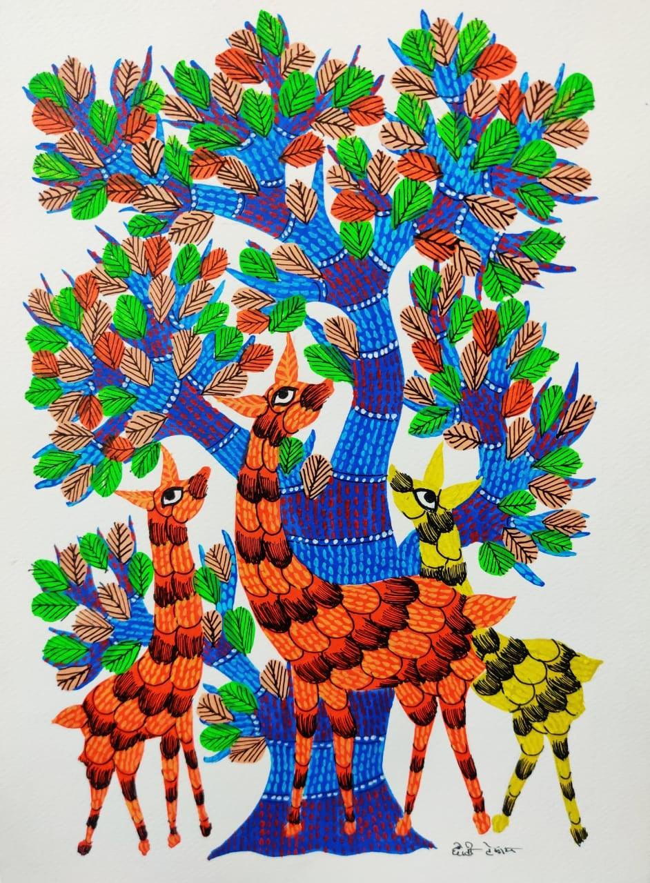 Animals gond traditional art titled 'Animals Under The Tree', 14x10 inches, by artist Choti Gond Artist on Paper