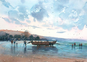 Seascape watercolor painting titled 'Anjarle', 22x30 inches, by artist NanaSaheb Yeole on Paper