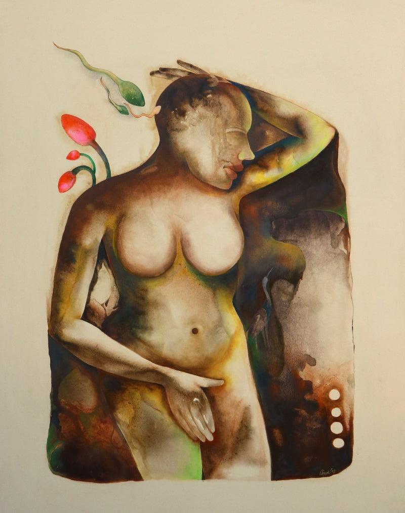 Nude acrylic oil painting titled 'Anubhav', 60x48 inches, by artist Milan Desai on Canvas