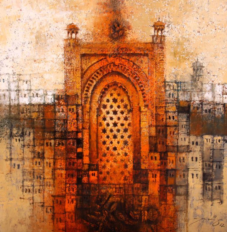 Cityscape acrylic painting titled 'Aq Arif Artwork', 28x28 inches, by artist Aq Arif on Canvas