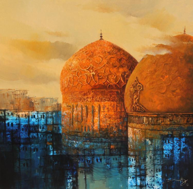 Cityscape acrylic painting titled 'Aq Arif Artwork', 28x28 inches, by artist Aq Arif on Canvas