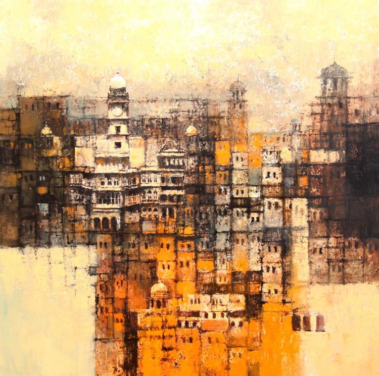 Cityscape acrylic painting titled 'Aq Arif Artwork', 28x28 inches, by artist Aq Arif on Canvas