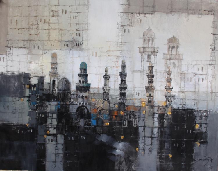 Cityscape acrylic painting titled 'Aq Arif Artwork', 28x28 inches, by artist Aq Arif on Canvas