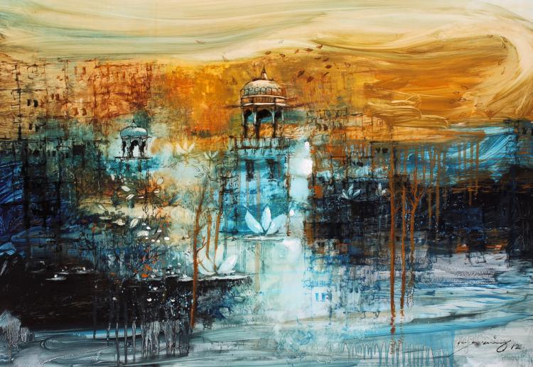 Cityscape acrylic painting titled 'Aq Arif Artwork', 28x28 inches, by artist Aq Arif on Canvas