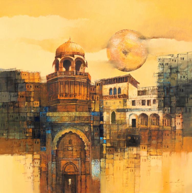 Cityscape acrylic painting titled 'Aq Arif Artwork', 28x28 inches, by artist Aq Arif on Canvas