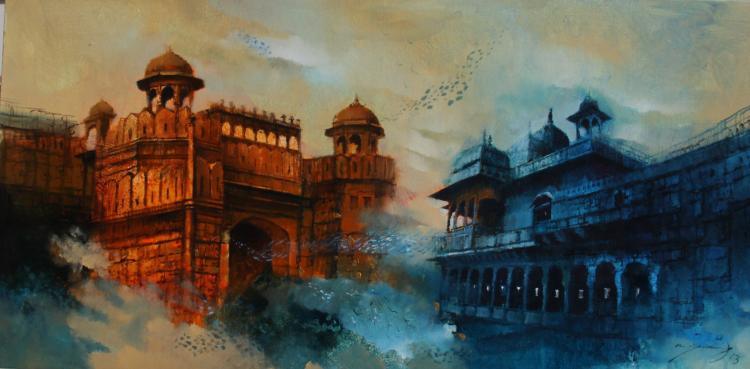 Cityscape acrylic painting titled 'Aq Arif Artwork', 28x28 inches, by artist Aq Arif on Canvas