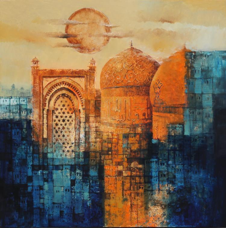 Cityscape acrylic painting titled 'Aq Arif Artwork', 28x28 inches, by artist Aq Arif on Canvas