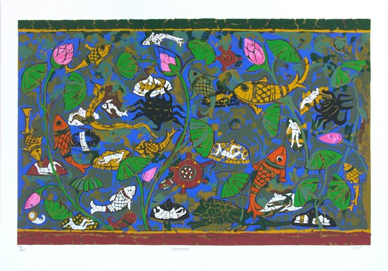 Seascape serigraphs painting titled 'Aquarium', 28x40 inches, by artist Jagdeep Smart on Paper