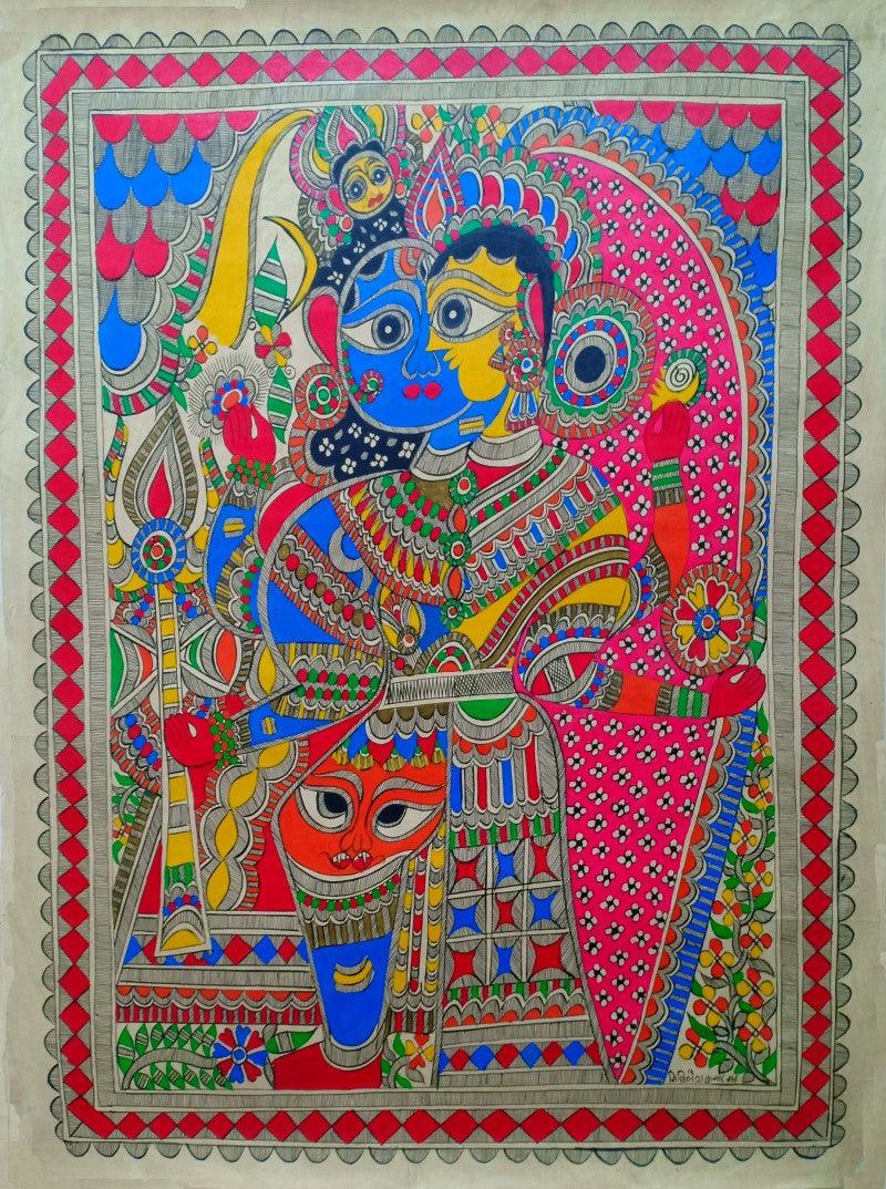 Religious madhubani traditional art titled 'Ardhanareeswara 1', 30x22 inches, by artist Mithilesh Jha on Paper