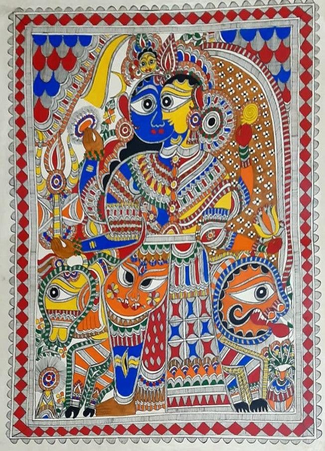 Religious madhubani traditional art titled 'Ardhanareeswara 2', 30x22 inches, by artist Mithilesh Jha on Paper