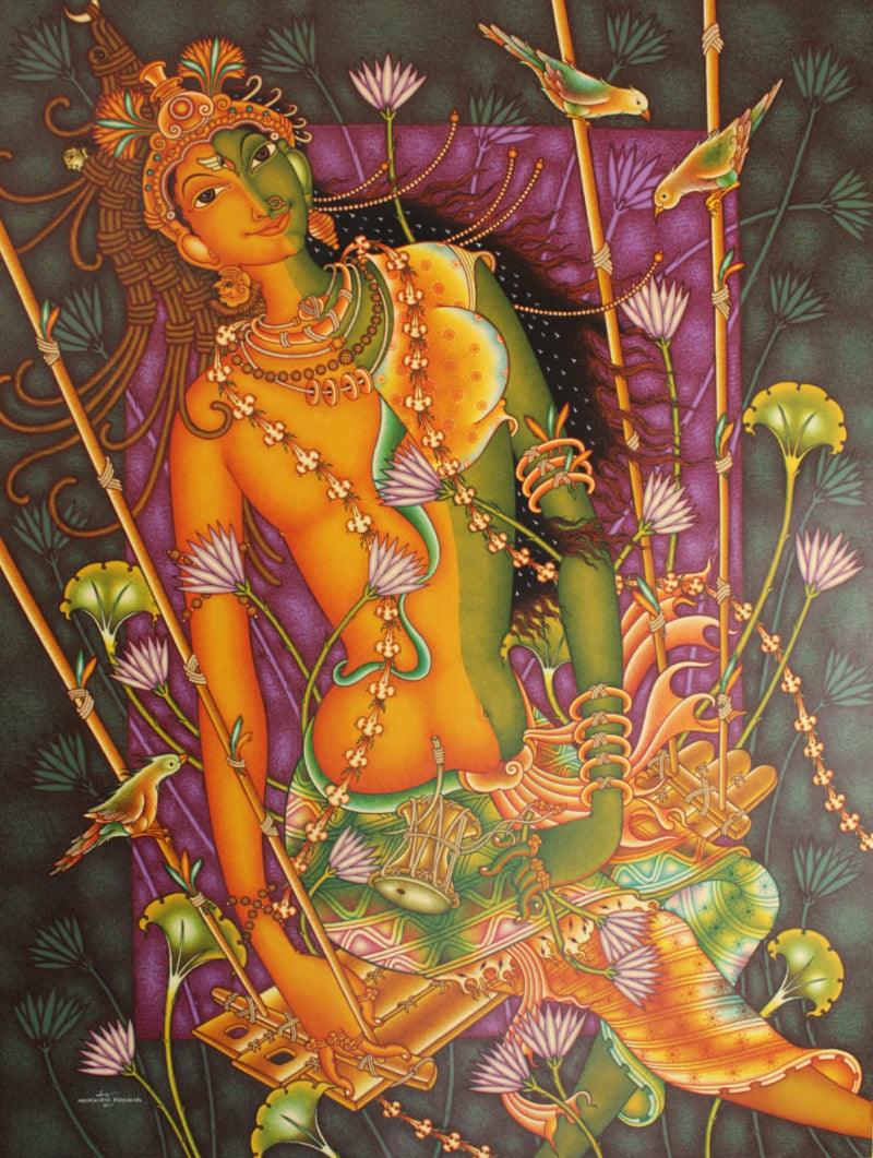 Religious acrylic painting titled 'Ardhanareeswara', 67x50 inches, by artist Manikandan Punnakkal on Canvas