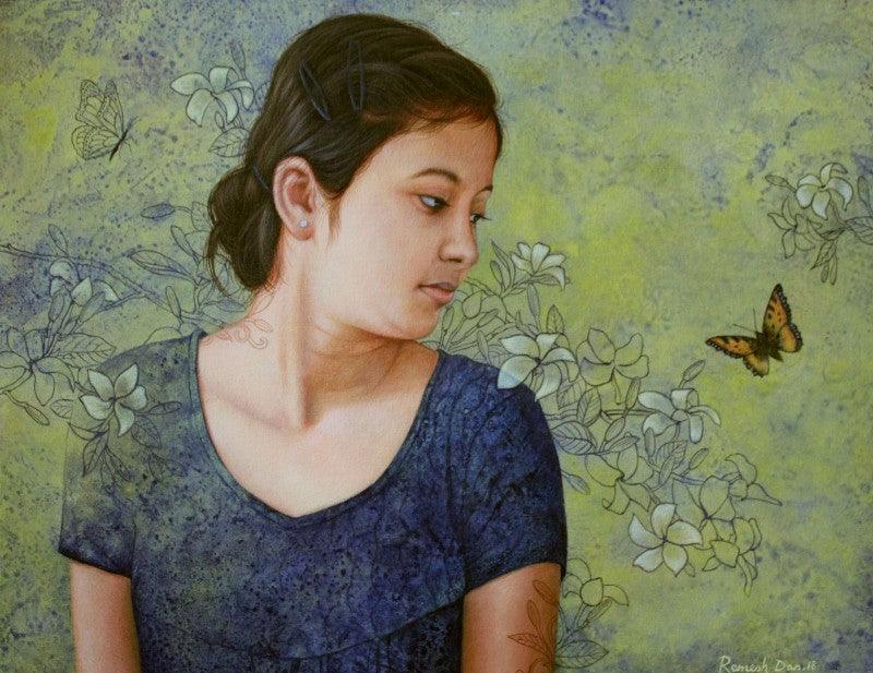 Figurative acrylic painting titled 'Attraction', 18x23 inches, by artist Ramesh Das on Canvas