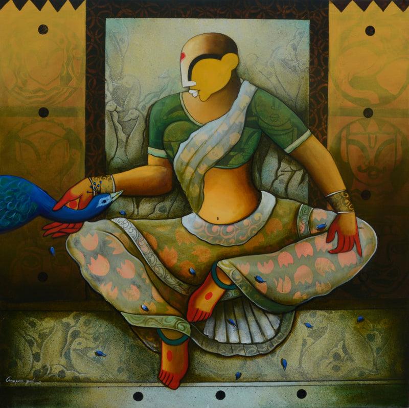 Figurative acrylic painting titled 'Aura of Love', 48x48 inches, by artist Anupam Pal on canvas