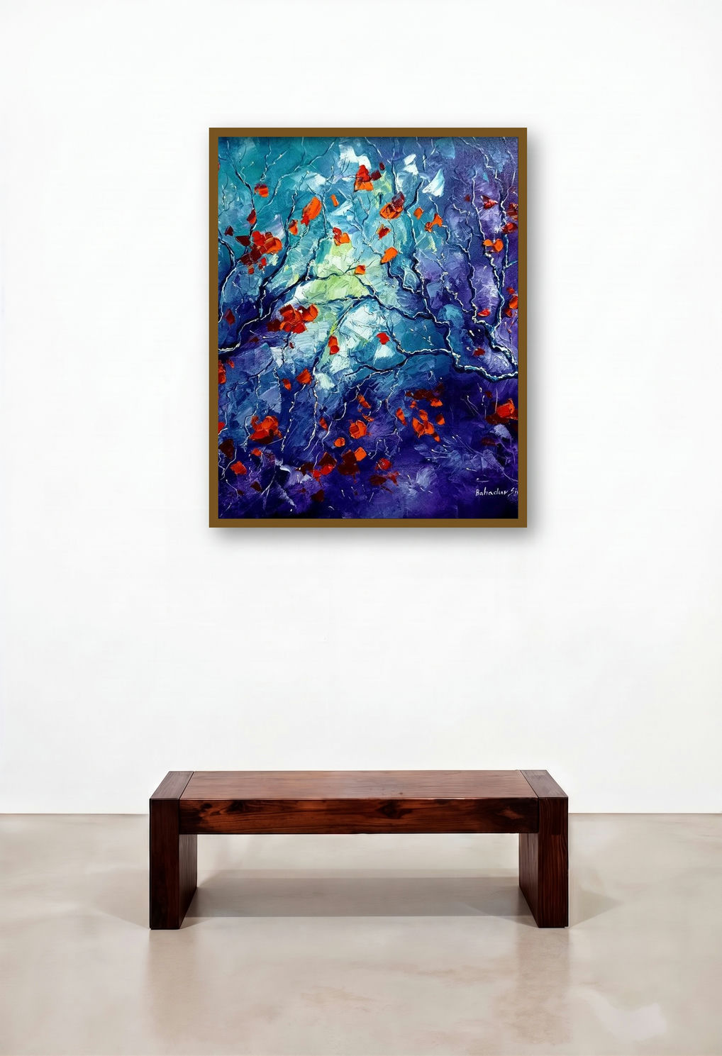 Autumn 4 (Nocturnal Bloom) by artist Bahadur Singh displayed in a Contemporary Luxury Hotel Lobby