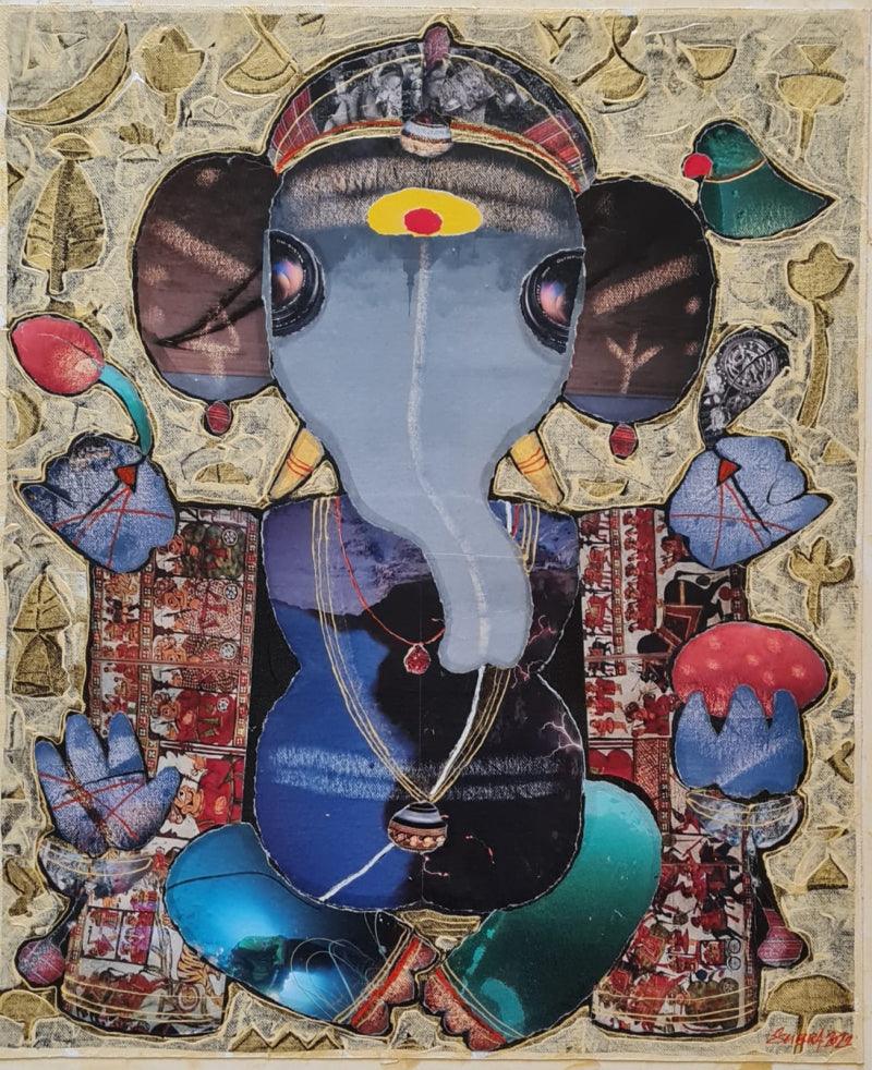 Religious mixed media painting titled 'Avaneesh', 22x18 inches, by artist G Subramanian on Canvas