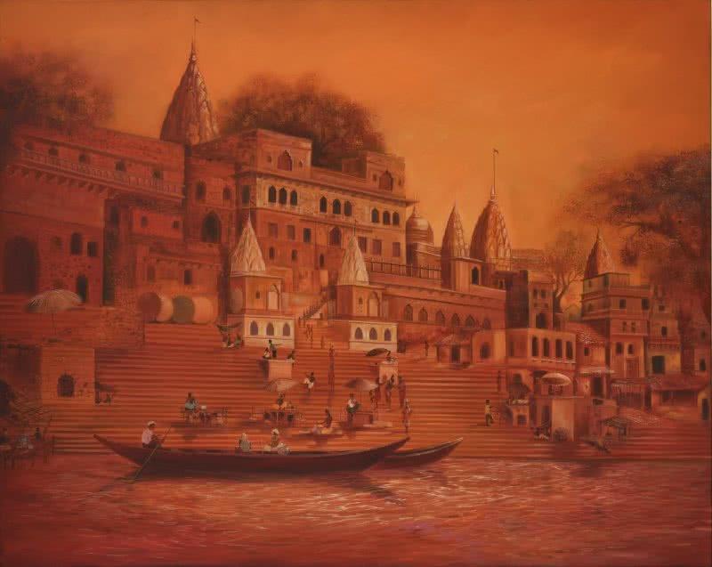 Landscape oil painting titled 'BANARAS GHAT', 60x48 inches, by artist Durshit Bhaskar on Canvas