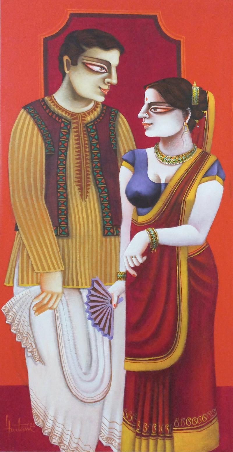 Figurative acrylic painting titled 'Babu And Bibi 5', 36x18 inches, by artist Gautam Mukherjee on Canvas