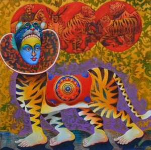 Religious acrylic painting titled 'Bagha Nacha 2', 36x36 inches, by artist Kanha Behera on Canvas