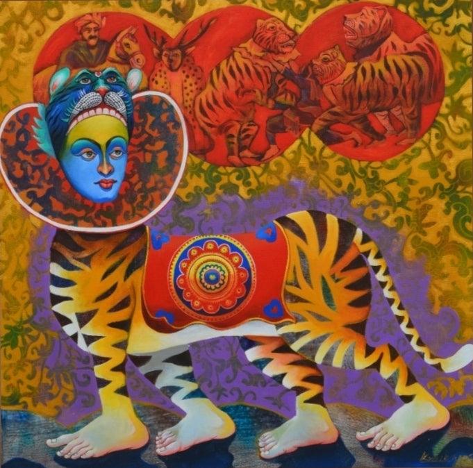 Religious acrylic painting titled 'Bagha Nacha 2', 36x36 inches, by artist Kanha Behera on Canvas