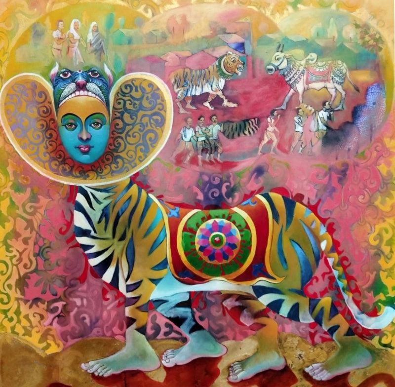 Religious acrylic painting titled 'Bagha Nacha', 36x36 inches, by artist Kanha Behera on Canvas