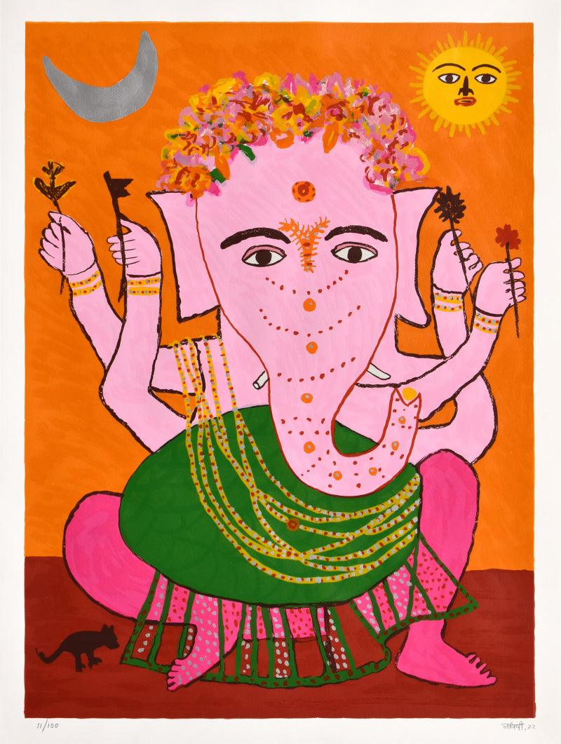 Religious serigraphs painting titled 'Bal Ganesh', 40x30 inches, by artist Madhvi Parekh on Paper