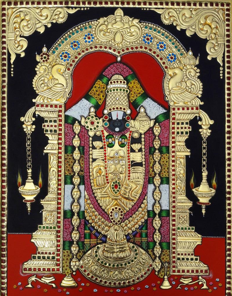 Religious tanjore traditional art titled 'Balaji', 28x22 inches, by artist Sanjay Tandekar on Cardboard