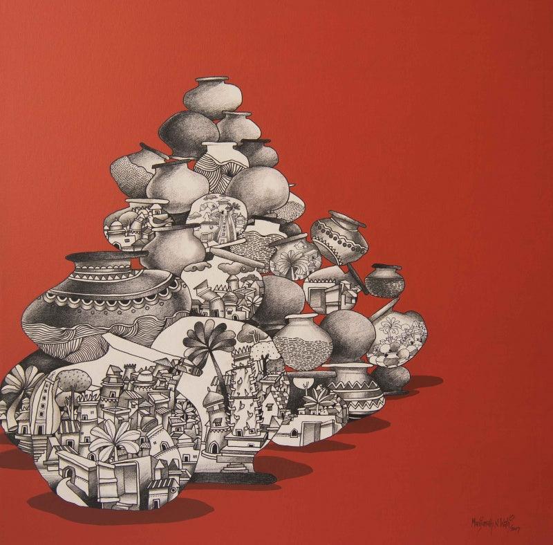 Still-life mixed media painting titled 'Balance', 36x36 inches, by artist Manjunath Wali on Canvas