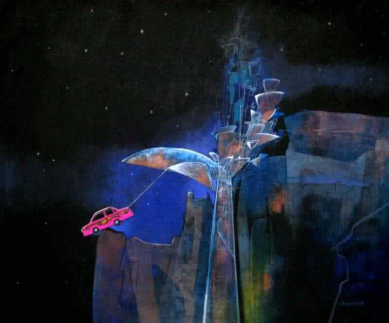 Surrealist acrylic painting titled 'Balance', 30x36 inches, by artist Pradip Sengupta on Canvas