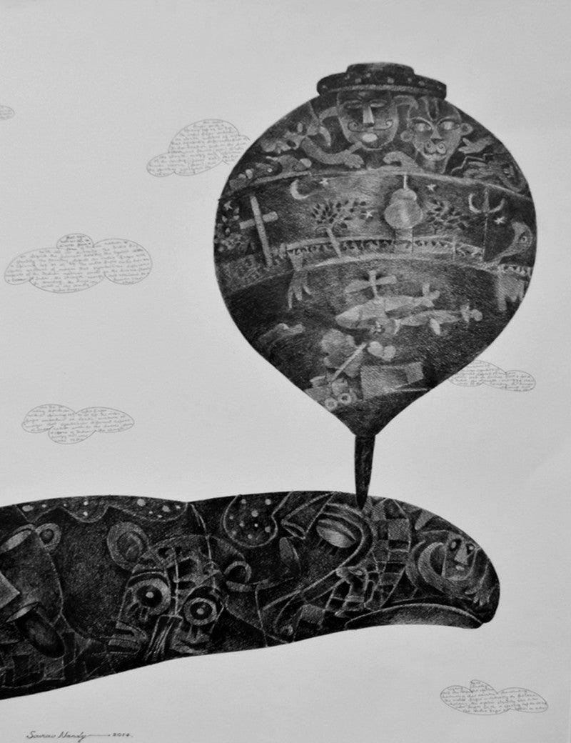 contemporary pen ink drawing titled 'Balance', 30x22 inches, by artist Sourav Nandy on Paper