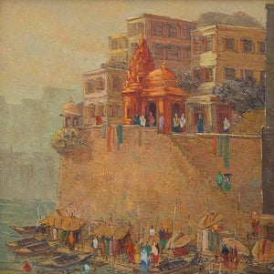 Cityscape oil painting titled 'Banaras 1', 24x24 inches, by artist Yashwant Shirwadkar on Canvas