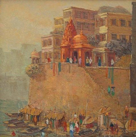 Cityscape oil painting titled 'Banaras 1', 24x24 inches, by artist Yashwant Shirwadkar on Canvas