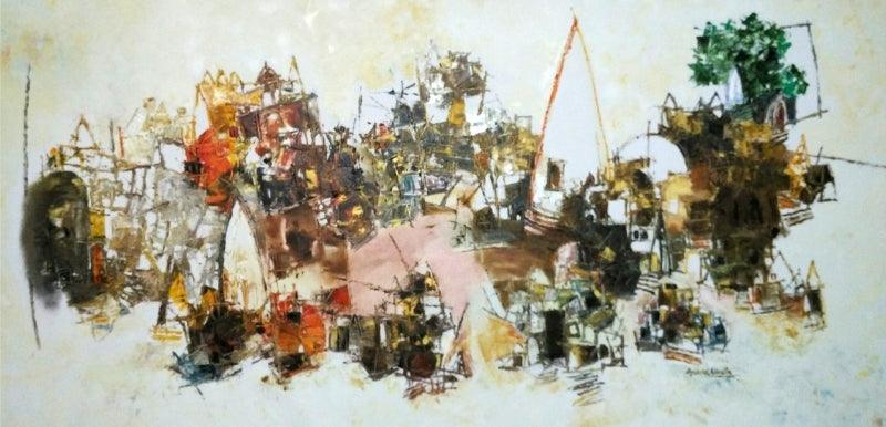 Cityscape oil painting titled 'Banaras 10', 24x48 inches, by artist Anand Narain on Canvas