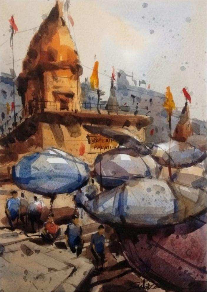 Religious watercolor painting titled 'Banaras 2', 11x9 inches, by artist Subrata Malakar on Paper