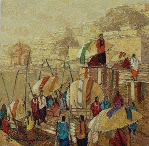 Cityscape oil painting titled 'Banaras 2', 24x24 inches, by artist Yashwant Shirwadkar on Canvas