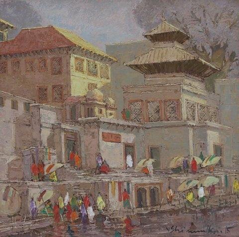 Cityscape oil painting titled 'Banaras 3', 24x24 inches, by artist Yashwant Shirwadkar on Canvas