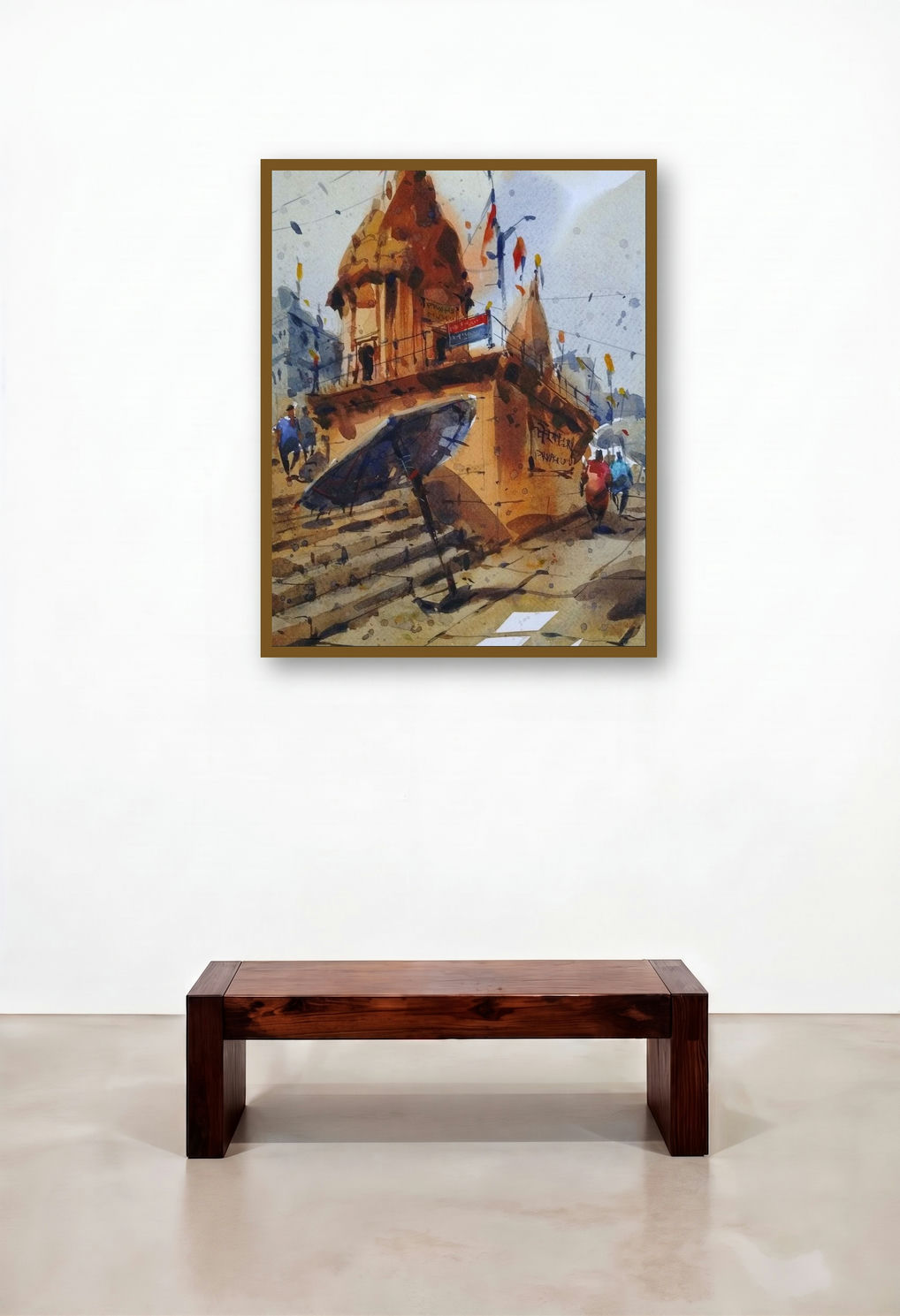 Banaras (Temple on the Ghat) by artist Subrata Malakar displayed in a Contemporary Luxury Reception Area