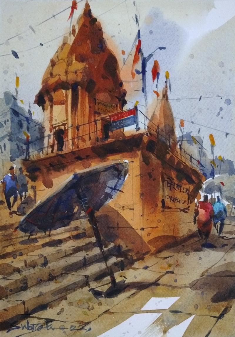 Religious watercolor painting titled 'Banaras', 12x8 inches, by artist Subrata Malakar on Paper