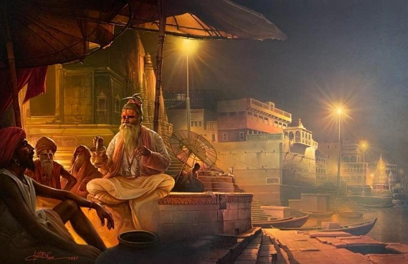 Cityscape acrylic oil painting titled 'Banaras', 40x60 inches, by artist Amit Bhar on Canvas