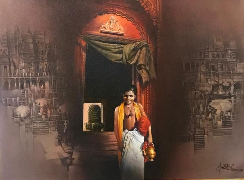 Religious oil painting titled 'Banaras', 24x32 inches, by artist Amit Bhar on Canvas