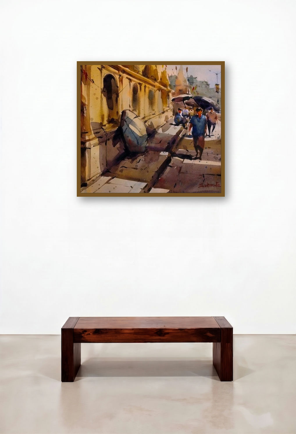 Banaras (Ghatside Stroll) by artist Subrata Malakar displayed in a Minimalist Reception Area