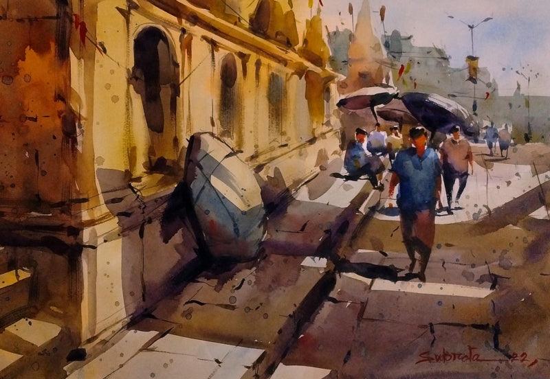 Religious watercolor painting titled 'Banaras', 15x22 inches, by artist Subrata Malakar on Paper
