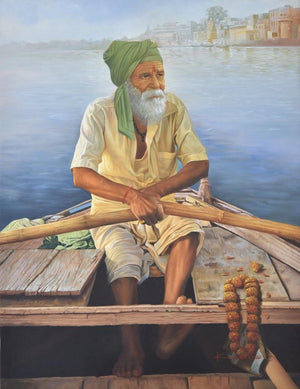 Religious oil painting titled 'Banaras', 36x47 inches, by artist Kamal Rao on Canvas