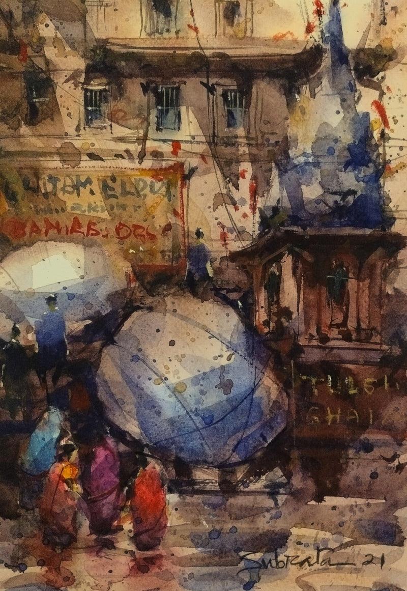 Cityscape watercolor painting titled 'Banaras', 12x8 inches, by artist Subrata Malakar on Paper