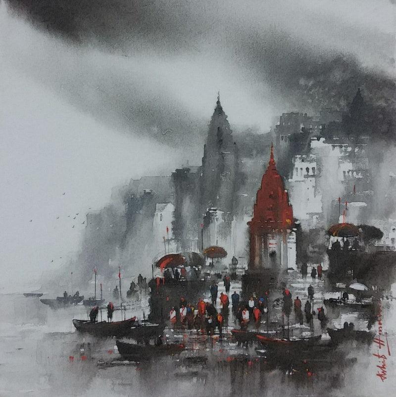Cityscape acrylic painting titled 'Banaras Ghat 1', 24x24 inches, by artist Ashif Hossain on Canvas