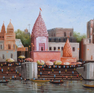 Cityscape acrylic painting titled 'Banaras Ghat 1', 36x36 inches, by artist Purnendu Mandal on Canvas