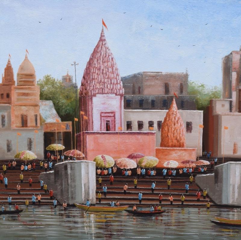 Cityscape acrylic painting titled 'Banaras Ghat 1', 36x36 inches, by artist Purnendu Mandal on Canvas