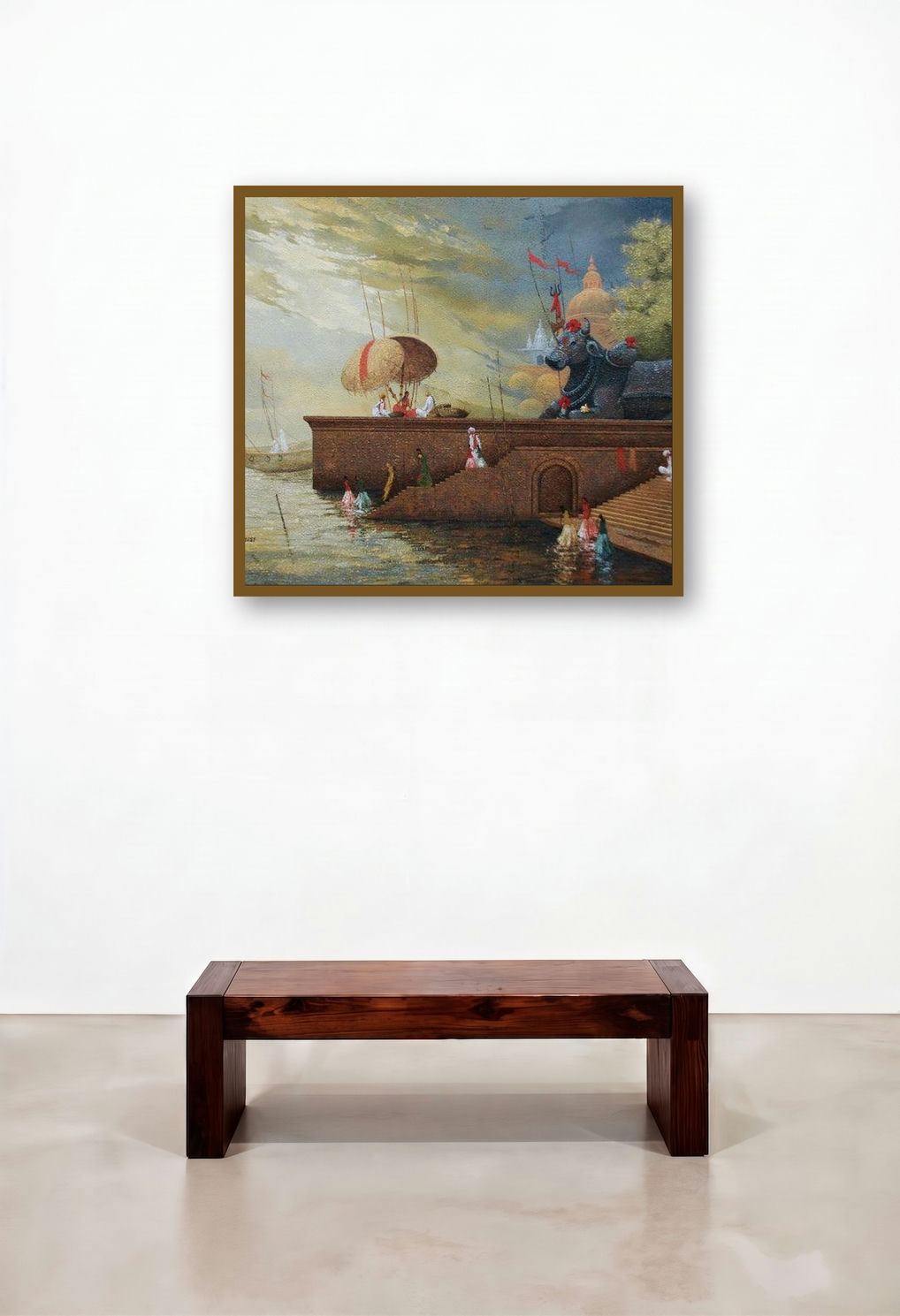 Banaras Ghat 1 (The Ganges Aarti) by artist Basavaraj Nalakar displayed in a Mid-Century Modern Living Room
