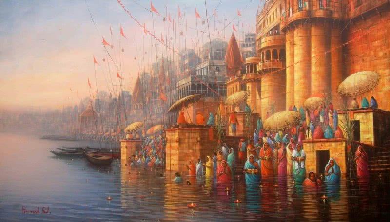 Landscape acrylic painting titled 'Banaras Ghat 1', 24x66 inches, by artist Paramesh Paul on Canvas